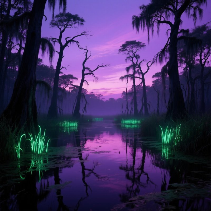 An Eerie Swamp At Dusk, Where Stagnant Water Reflects A Bruised Purple Sky, And Phosphorescent