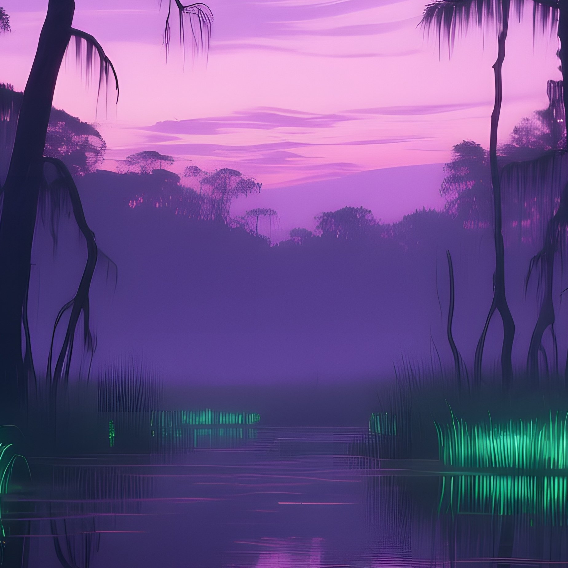 An Eerie Swamp At Dusk, Where Stagnant Water Reflects A Bruised Purple Sky, And Phosphorescent - Full Resolution Quality Preview