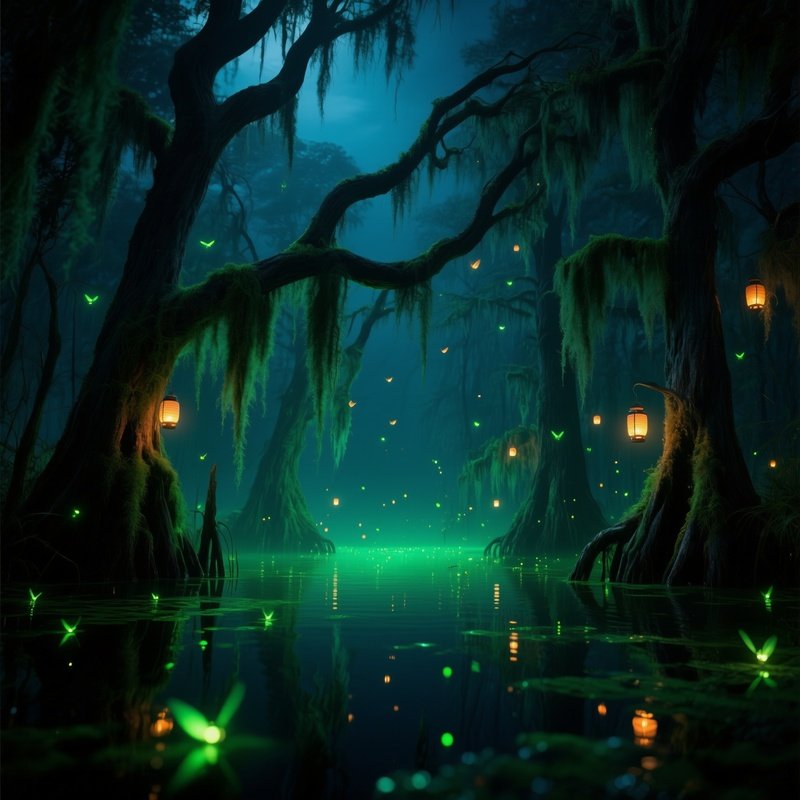 An Eerie Swamp At Night, Twisted Cypress Trees Draped In Spanish Moss, Water Reflecting