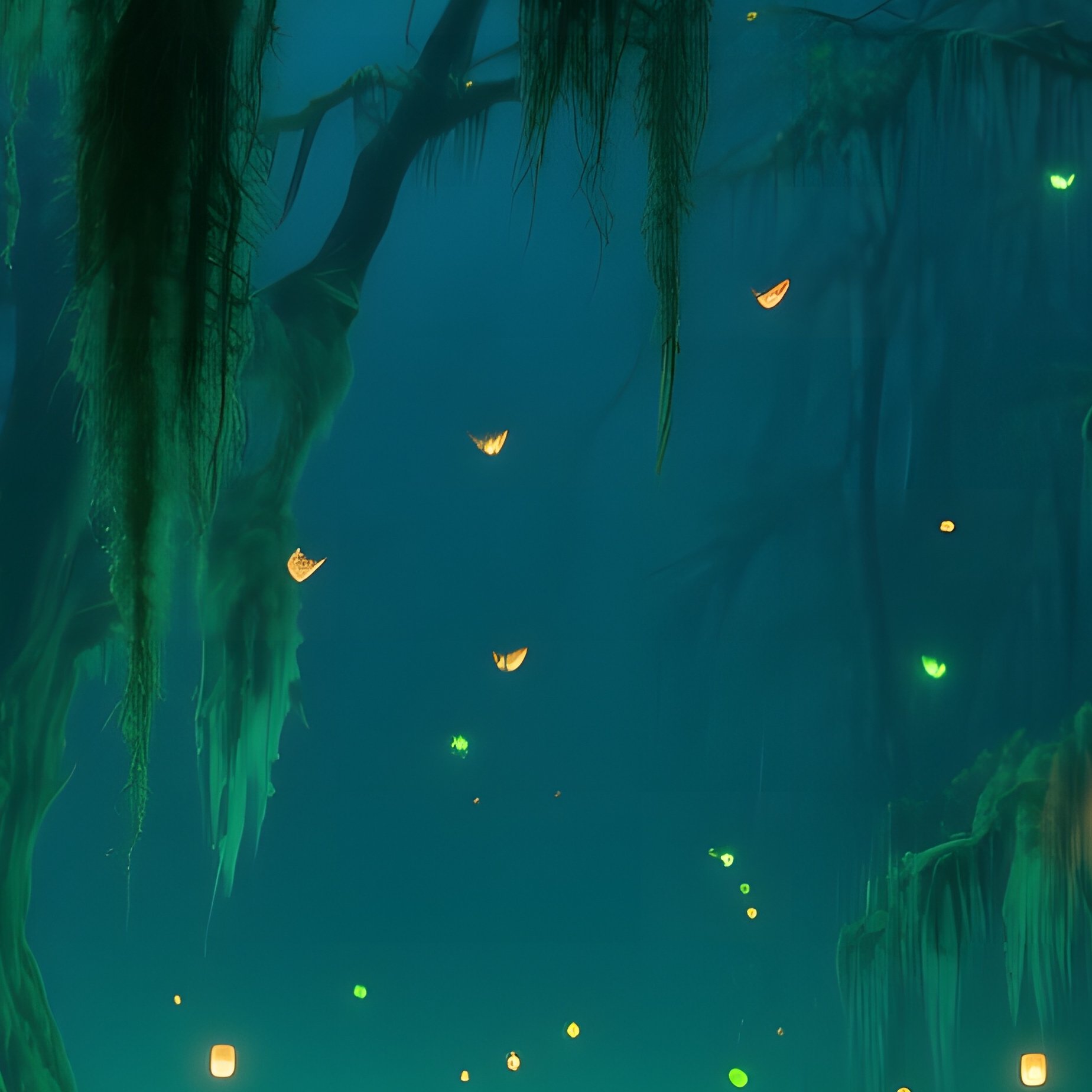 An Eerie Swamp At Night, Twisted Cypress Trees Draped In Spanish Moss, Water Reflecting - Full Resolution Quality Preview