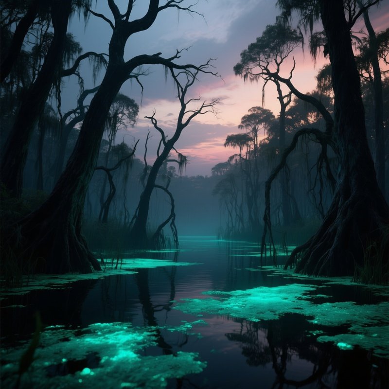 An Eerie Swamp At Twilight, Phosphorescent Algae Glowing Teal Beneath Dark Water, While Twisted