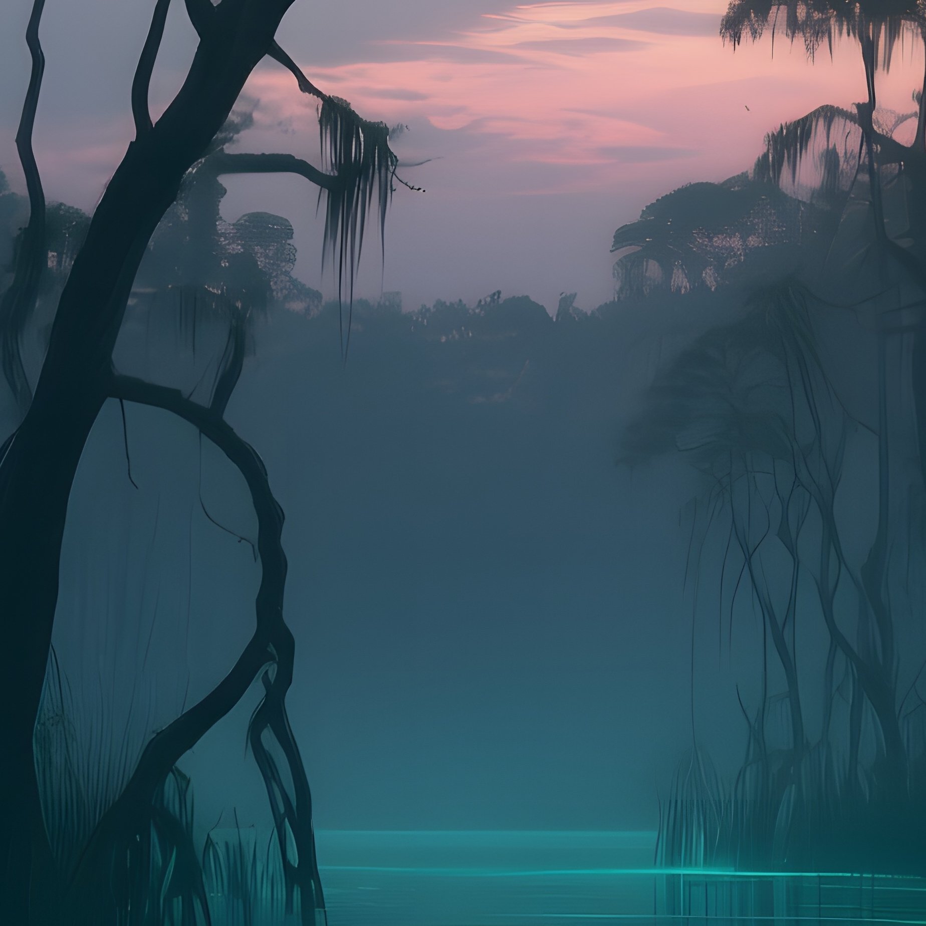 An Eerie Swamp At Twilight, Phosphorescent Algae Glowing Teal Beneath Dark Water, While Twisted - Full Resolution Quality Preview