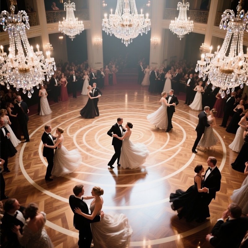 An Elaborate Ballroom Scene Captured From Above, Swirling Couples Forming Patterns On The Polished
