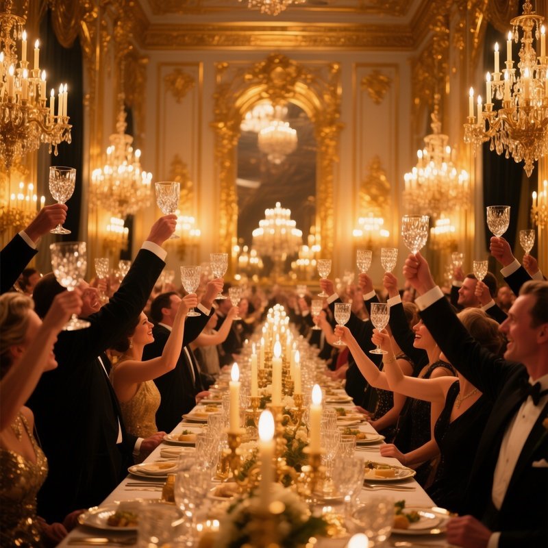 An Elaborate Banquet Hall Illuminated By Dozens Of Candelabras, Gilded Walls Reflecting The Warm