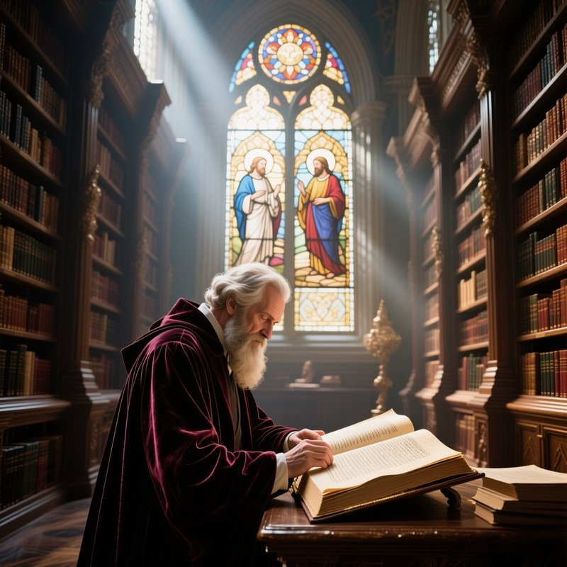 An Elaborate Library With Towering Bookshelves, Sunlight Streaming Through Stained Glass Depicting