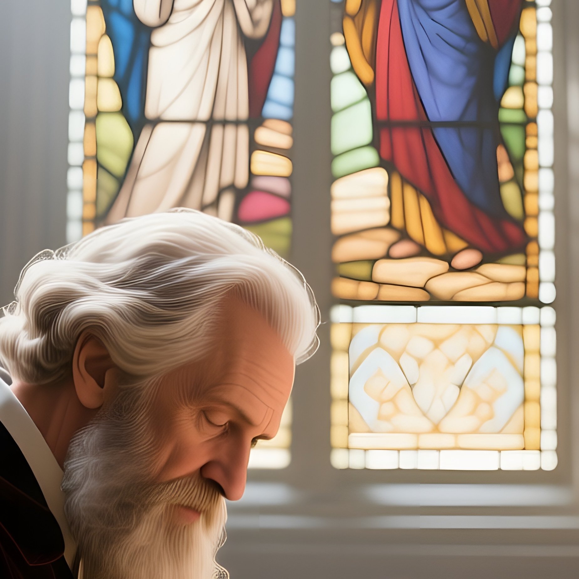An Elaborate Library With Towering Bookshelves, Sunlight Streaming Through Stained Glass Depicting - Full Resolution Quality Preview