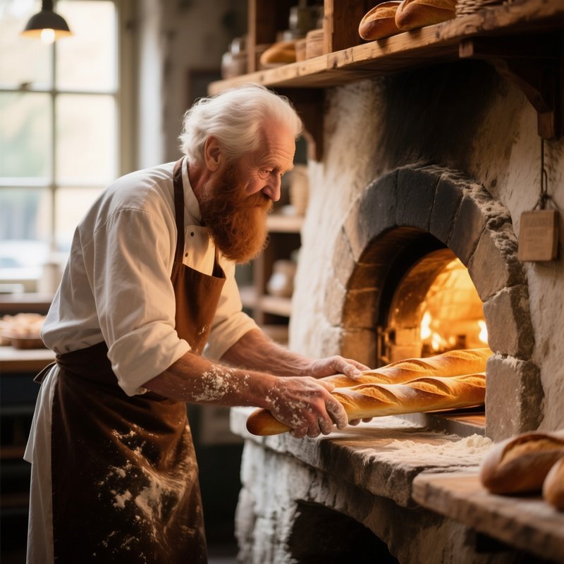 An Elderly Baker With Flour‑Speckled Brown Beard Pulls Fresh Baguettes From A Stone Oven, Warm