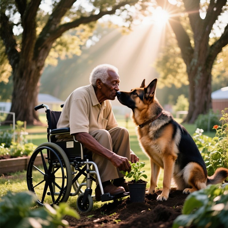 An Elderly Black Veteran In A Wheelchair At A Community Garden, Planting A Heartfelt Kiss On His
