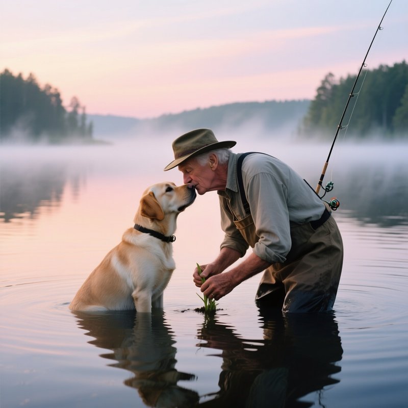 An Elderly Caucasian Man In A Fishing Hat Standing Knee‑Deep In A Calm Lake At Dawn, Planting A