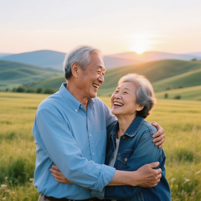 An Elderly Couple Embracing In A Field Elderly Couple Embrace