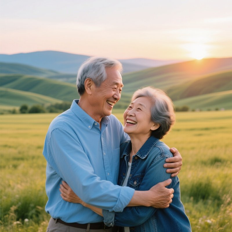An Elderly Couple Embracing In A Field Elderly Couple Embrace