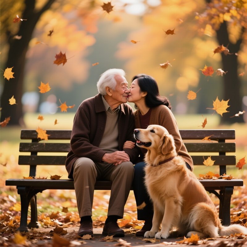 An Elderly Couple Of Mixed Heritage (Caucasian And Asian) Sitting On A Park Bench In Autumn,