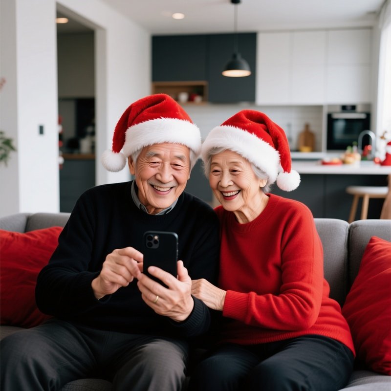 An Elderly Couple Wearing Santa Hats Looking At A Smartphone