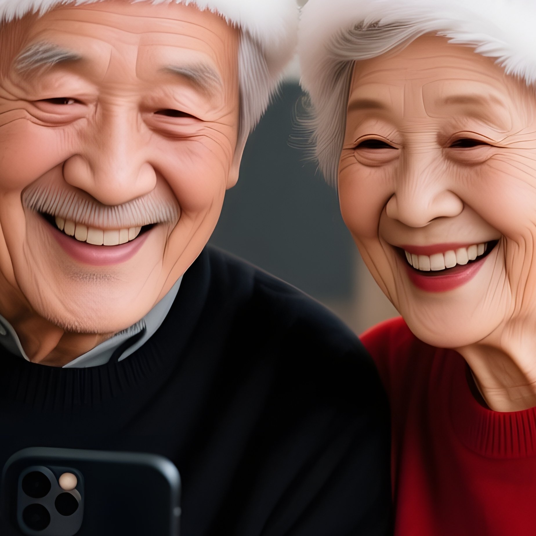 An Elderly Couple Wearing Santa Hats Looking At A Smartphone - Full Resolution Quality Preview