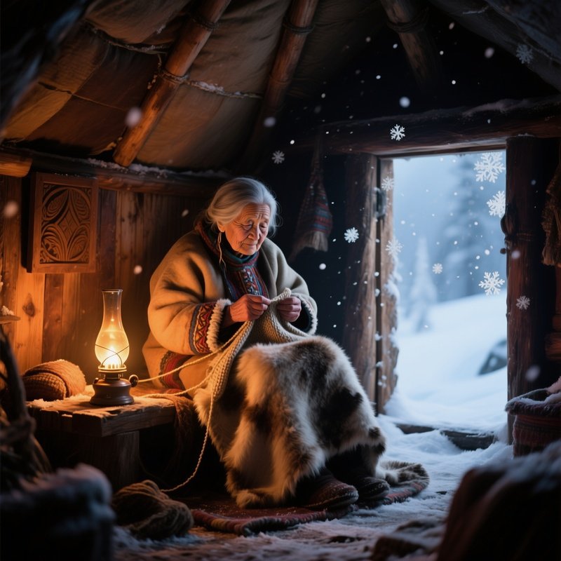 An Elderly Eskimo Woman Knits A Seal Skin Blanket Inside A Dimly Lit Igloo, Warm Amber Light From