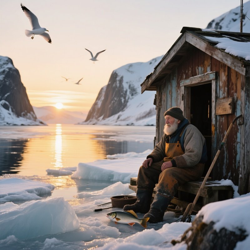 An Elderly Fisherman Sits In A Weathered Wooden Shack On An Icy Fjord At Sunrise, Golden Light