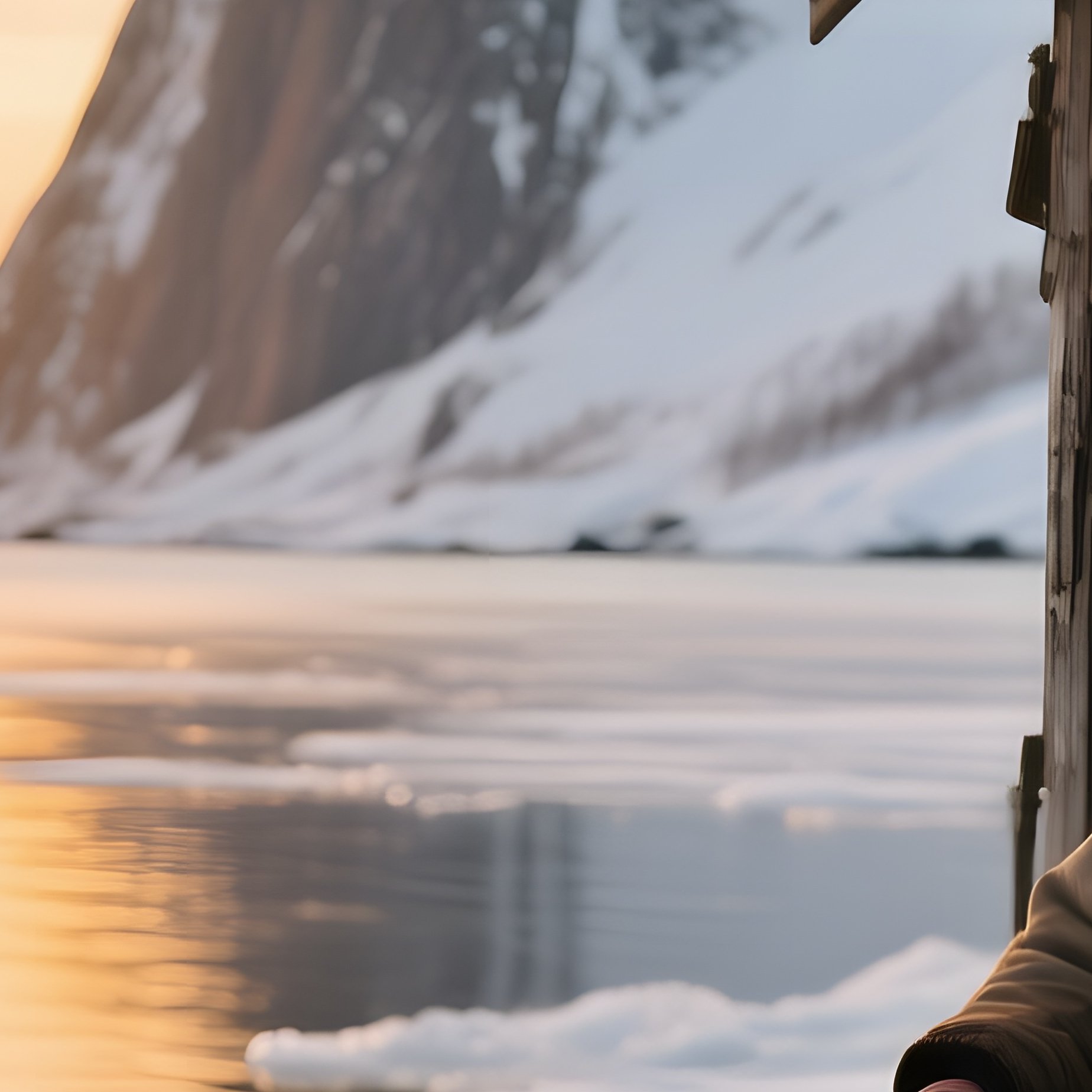 An Elderly Fisherman Sits In A Weathered Wooden Shack On An Icy Fjord At Sunrise, Golden Light - Full Resolution Quality Preview