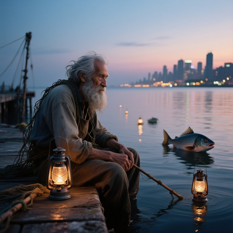 An Elderly Fisherman With A Tangled Grey Beard Sits On A Pier At Twilight, Lanterns Bobbing On The