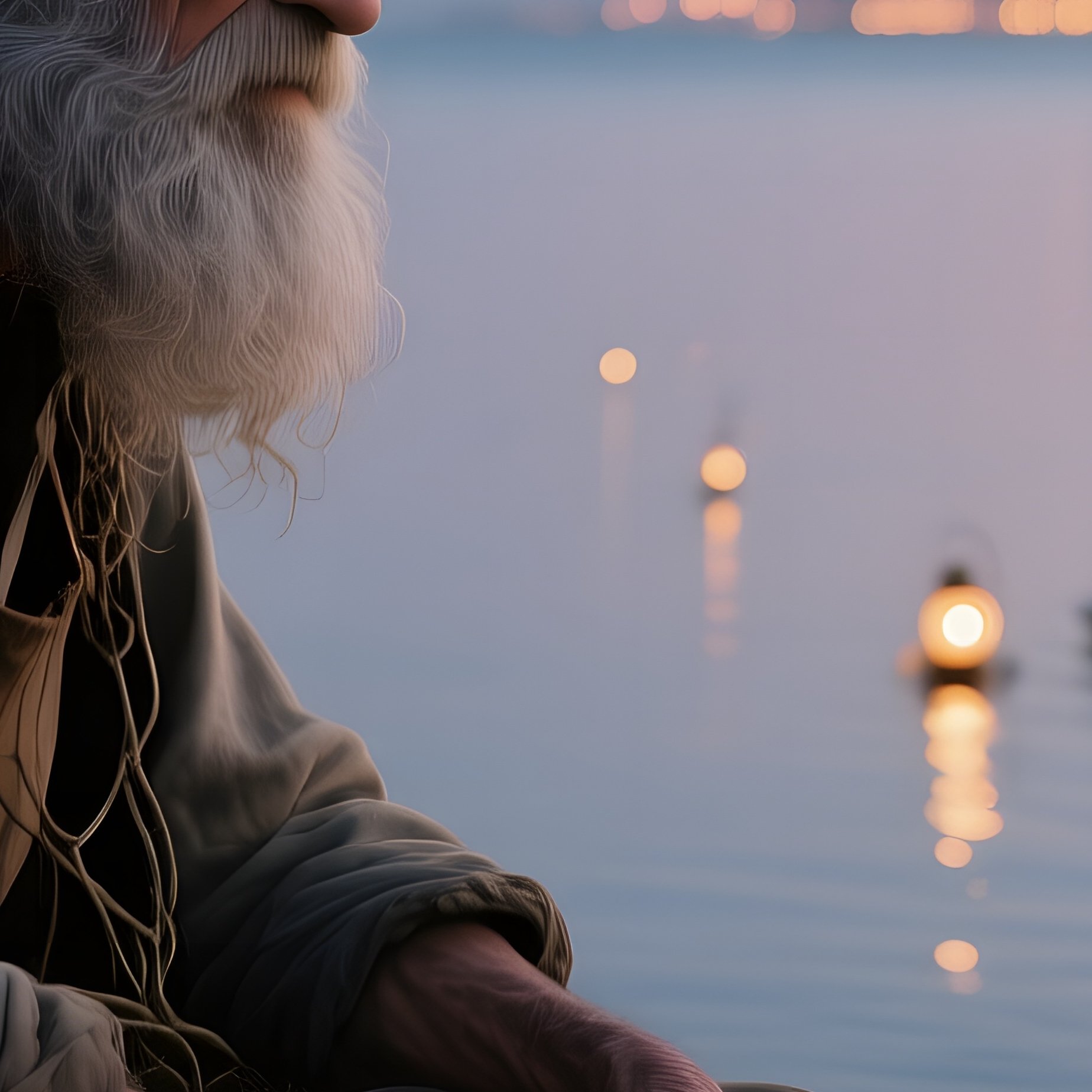 An Elderly Fisherman With A Tangled Grey Beard Sits On A Pier At Twilight, Lanterns Bobbing On The - Full Resolution Quality Preview