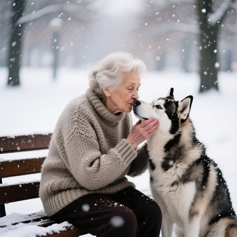 An Elderly German Lady Wearing A Knitted Sweater Sitting On A Wooden Bench In A Snowy Park,