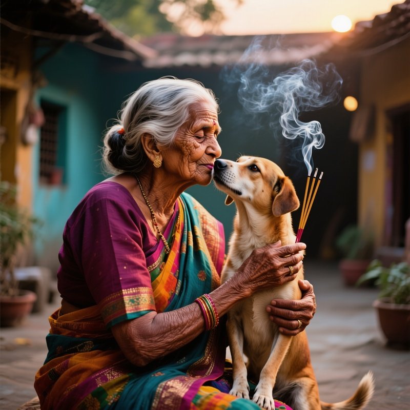 An Elderly Indian Grandmother In A Colorful Sari Holding Her Aged Mutt, Pressing A Loving Kiss To