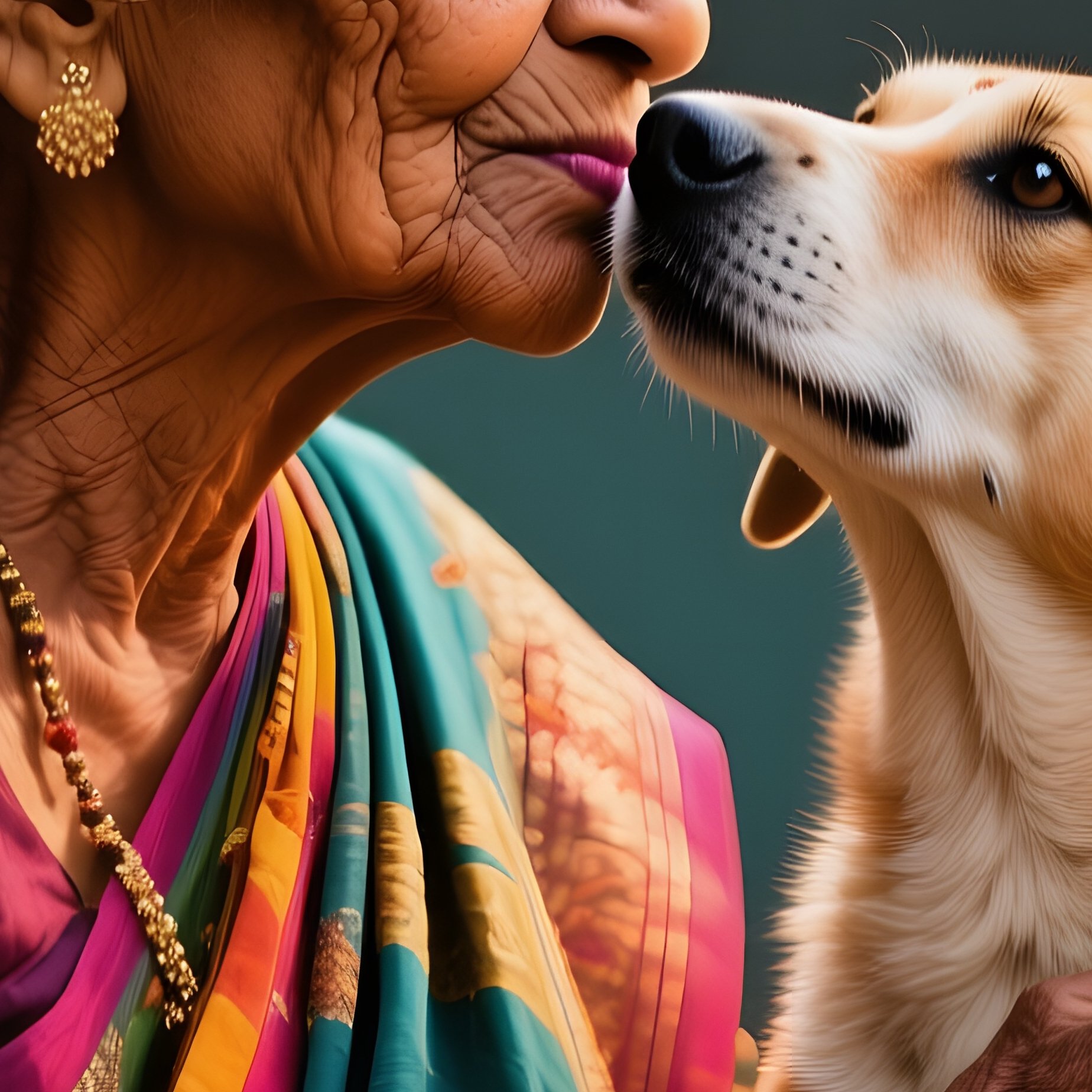 An Elderly Indian Grandmother In A Colorful Sari Holding Her Aged Mutt, Pressing A Loving Kiss To - Full Resolution Quality Preview