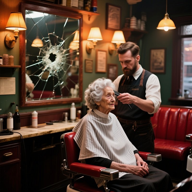 An Elderly Lady With Silver Curls Receives A Gentle Trim From A Barber In A Cozy Vintage