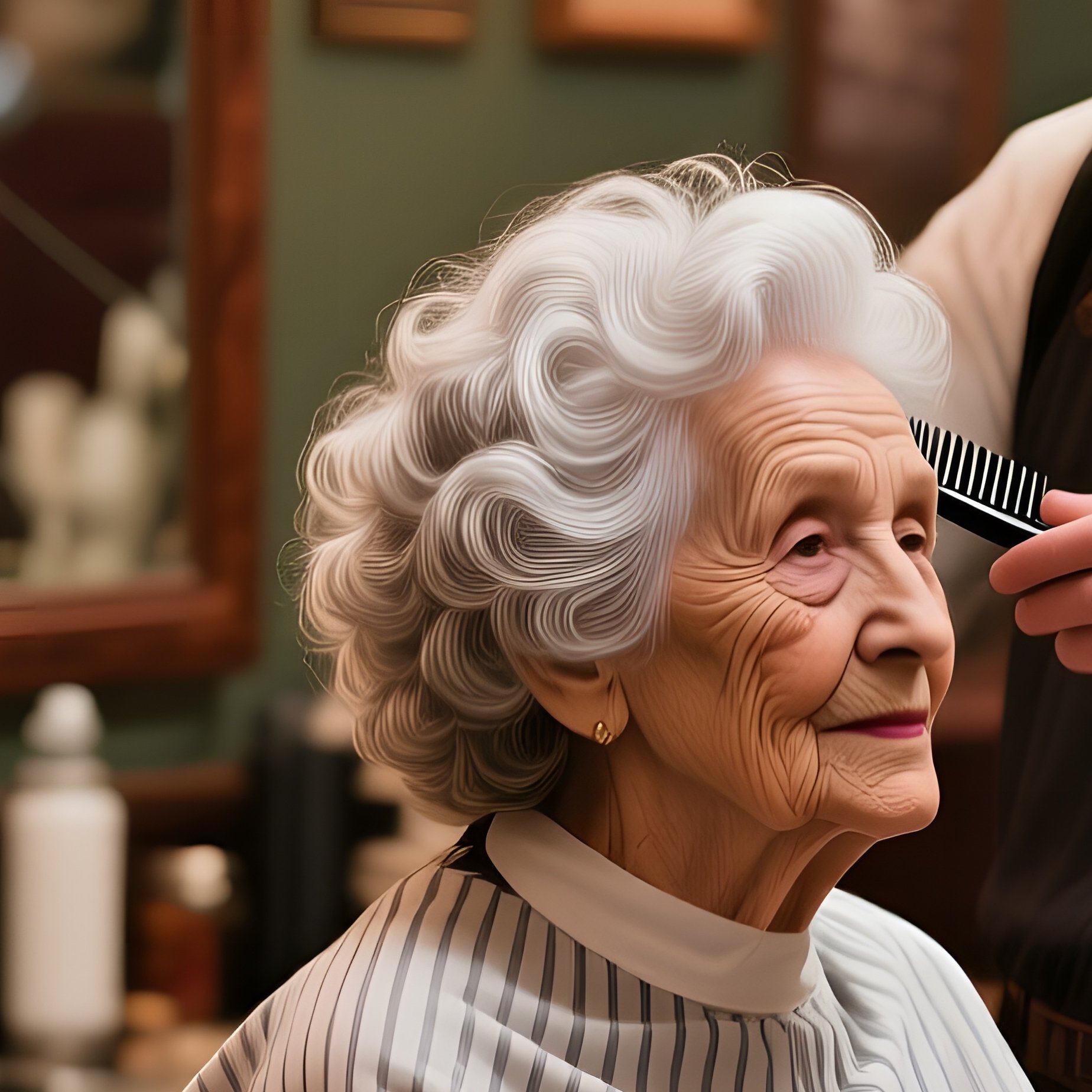 An Elderly Lady With Silver Curls Receives A Gentle Trim From A Barber In A Cozy Vintage - Full Resolution Quality Preview