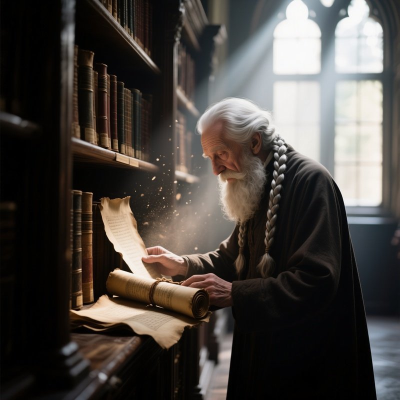 An Elderly Librarian With A Silver Braided Beard Organizes Ancient Scrolls In A Dim Hallway, Shafts