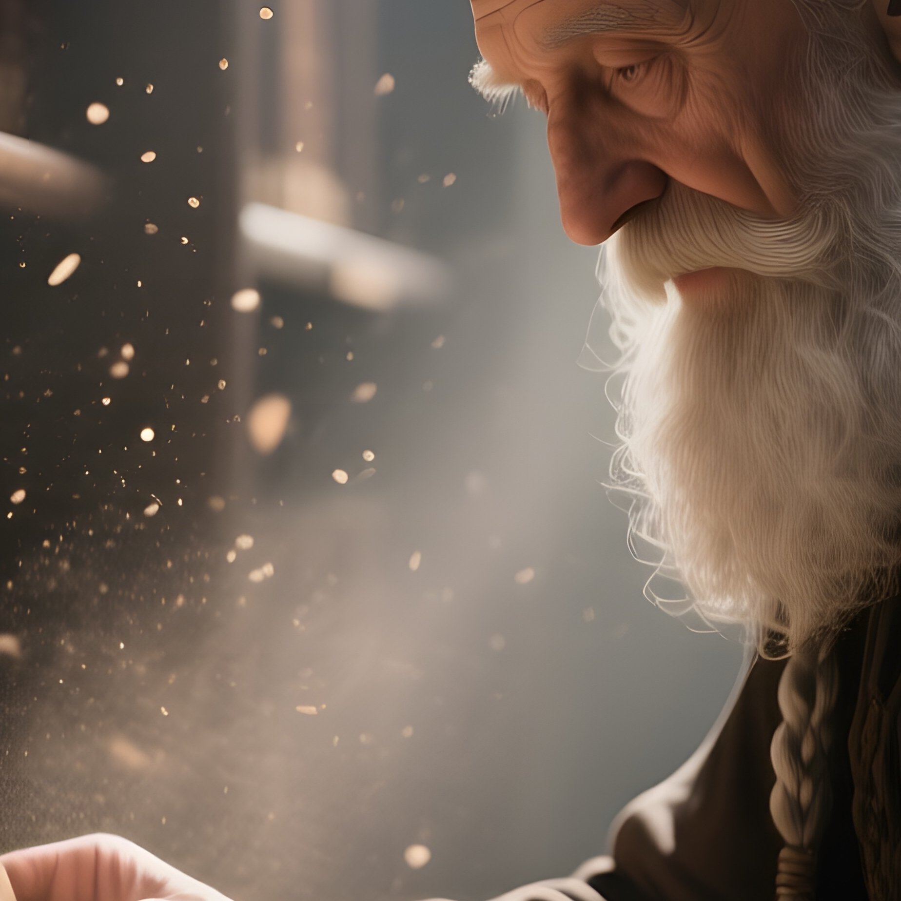 An Elderly Librarian With A Silver Braided Beard Organizes Ancient Scrolls In A Dim Hallway, Shafts - Full Resolution Quality Preview