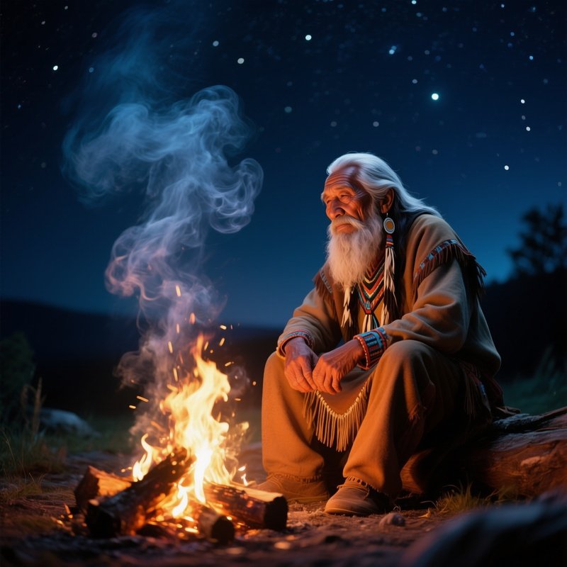 An Elderly Native American Storyteller With A Long Silver Beard Sits Around A Campfire Under A