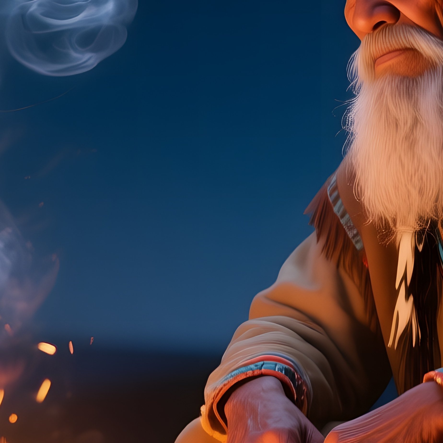 An Elderly Native American Storyteller With A Long Silver Beard Sits Around A Campfire Under A - Full Resolution Quality Preview
