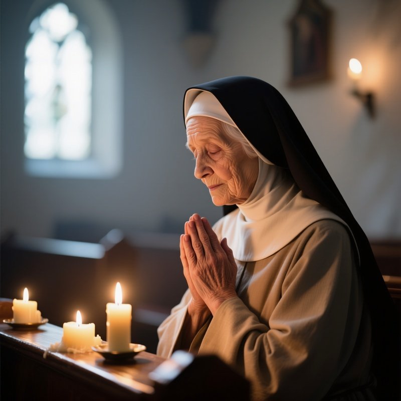 An Elderly Nun With A Simple Short Haircut Prays In A Quiet Chapel Lit By Candlelight, The Soft