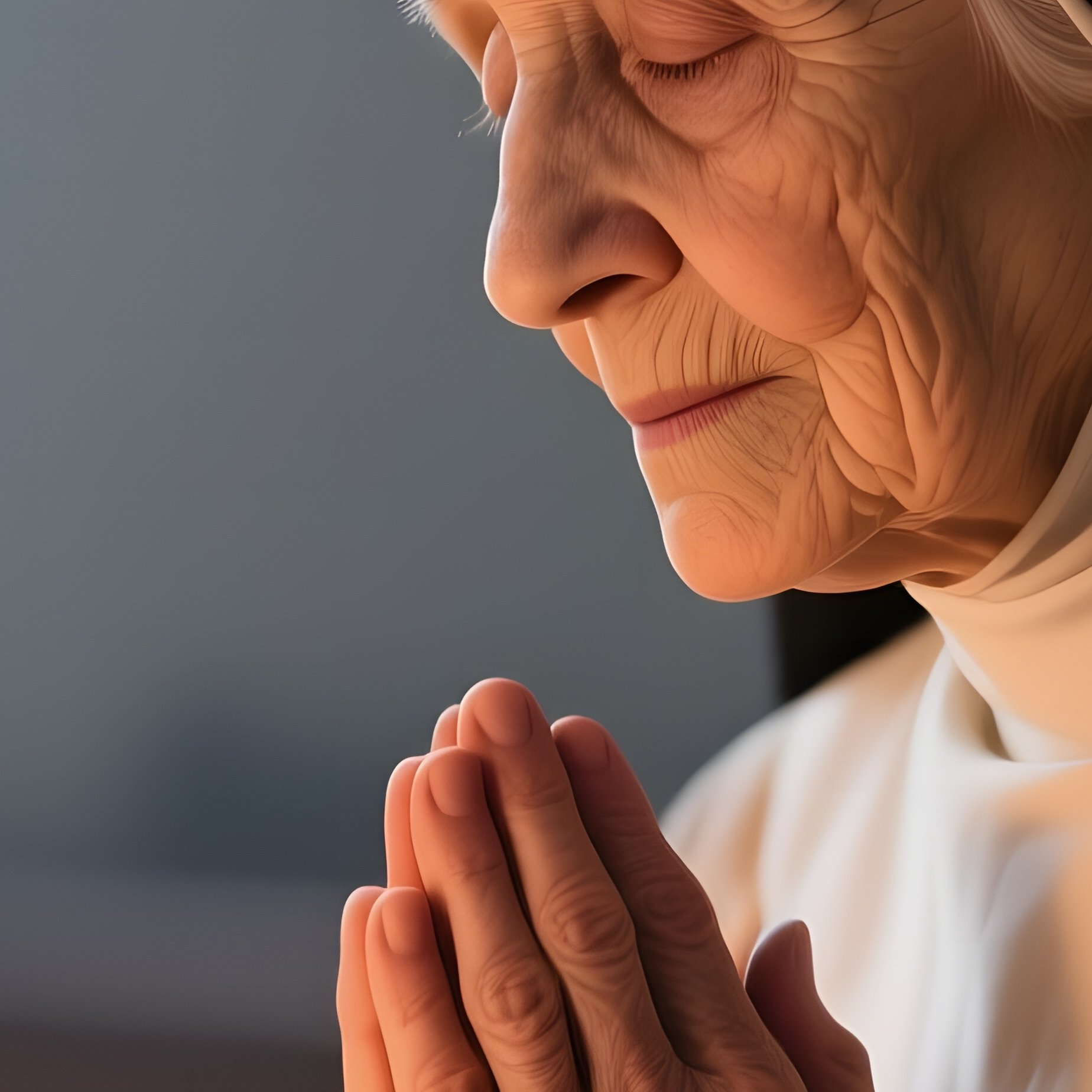 An Elderly Nun With A Simple Short Haircut Prays In A Quiet Chapel Lit By Candlelight, The Soft - Full Resolution Quality Preview