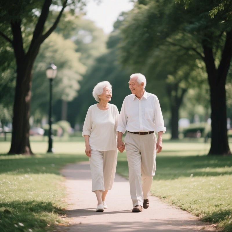 An Elderly White Couple Enjoying A Peaceful Walk In The Park.