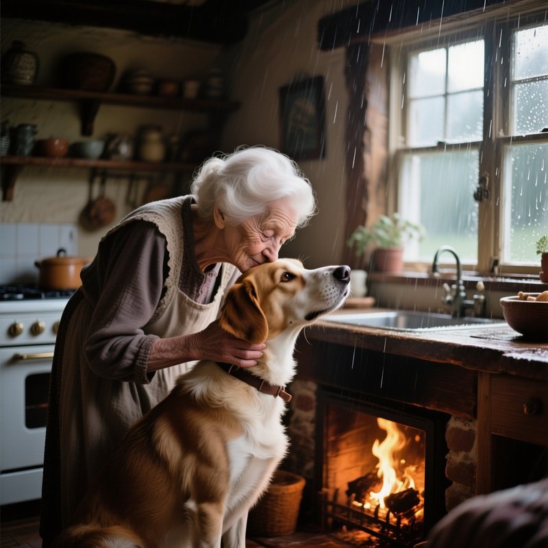 An Elderly White Lady In A Cozy Cottage Kitchen, Pressing A Soft Kiss To Her Rescued Mutt’S Head