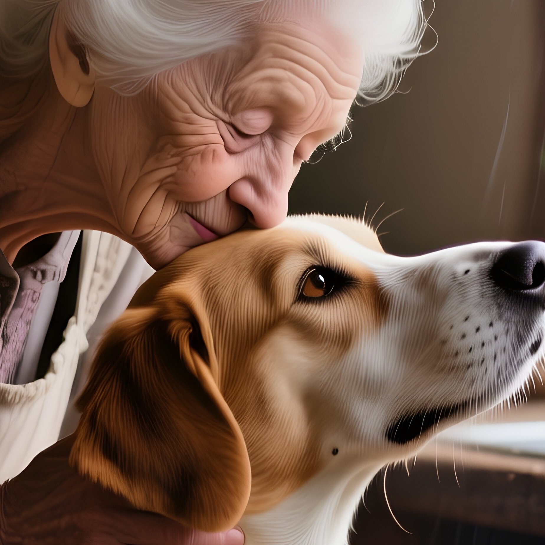 An Elderly White Lady In A Cozy Cottage Kitchen, Pressing A Soft Kiss To Her Rescued Mutt’S Head - Full Resolution Quality Preview