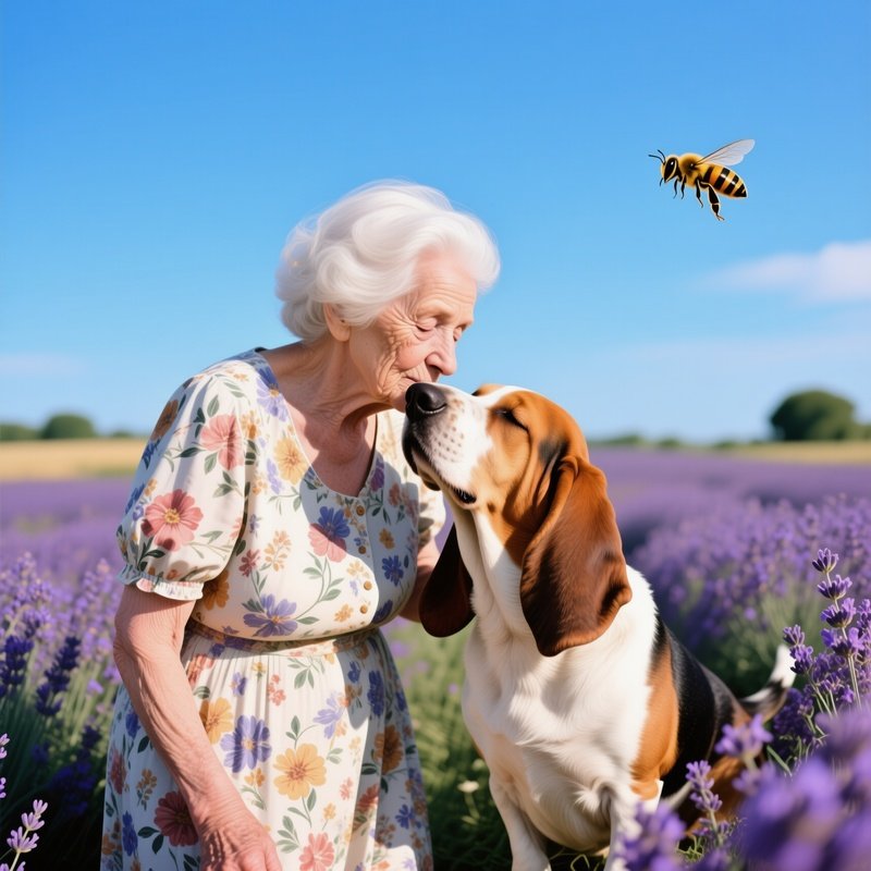 An Elderly White Woman In A Floral Dress Strolling Through A Lavender Field, Pausing To Kiss Her