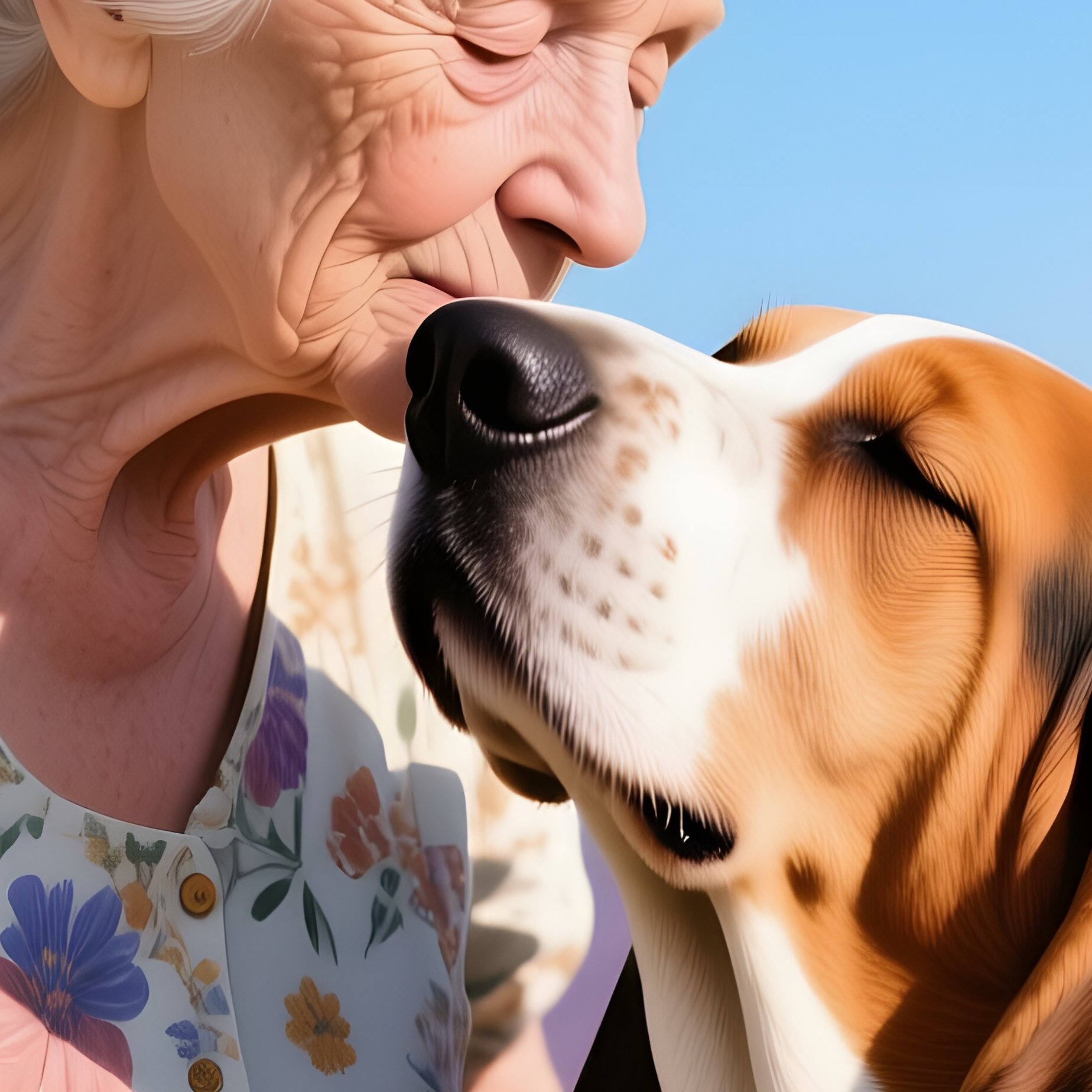 An Elderly White Woman In A Floral Dress Strolling Through A Lavender Field, Pausing To Kiss Her - Full Resolution Quality Preview
