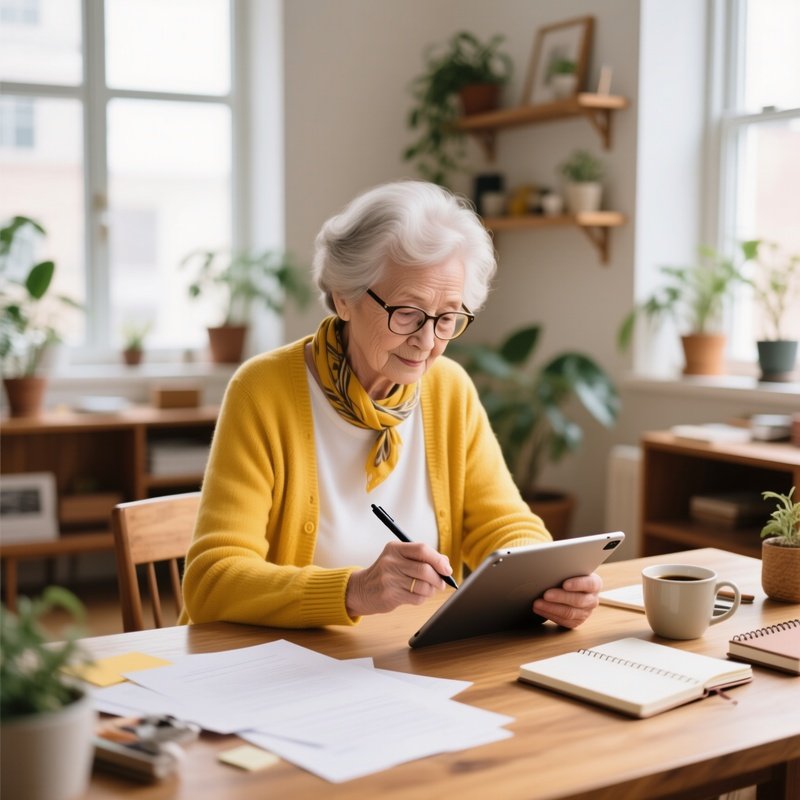 An Elderly Woman Working On A Tablet Elderly Technology
