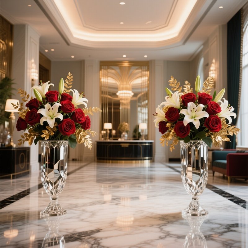 An Elegant Art Deco Hotel Lobby With Marble Floors, Where Twin Crystal Vases Hold Mirrored Bouquets