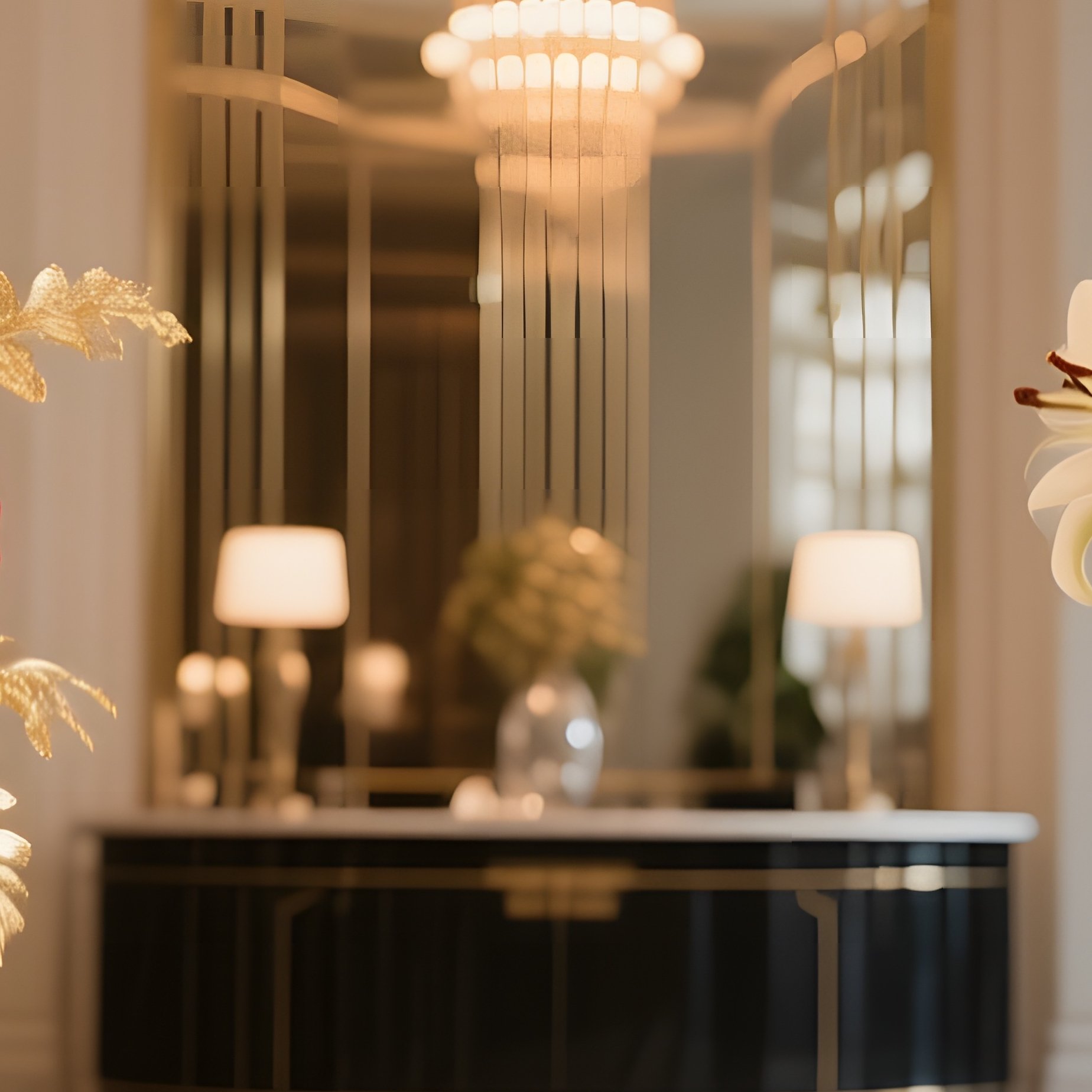 An Elegant Art Deco Hotel Lobby With Marble Floors, Where Twin Crystal Vases Hold Mirrored Bouquets - Full Resolution Quality Preview