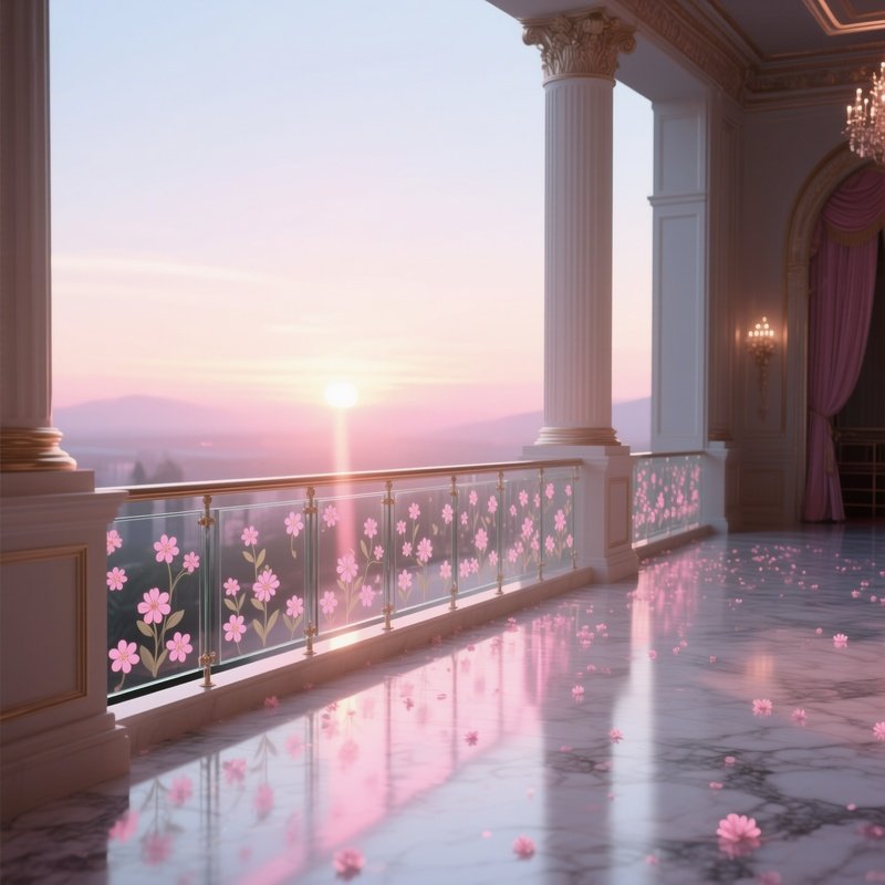 An Elegant Ballroom Balcony At Sunrise, Glass Railings Embedded With Tiny Flower Motifs That Catch