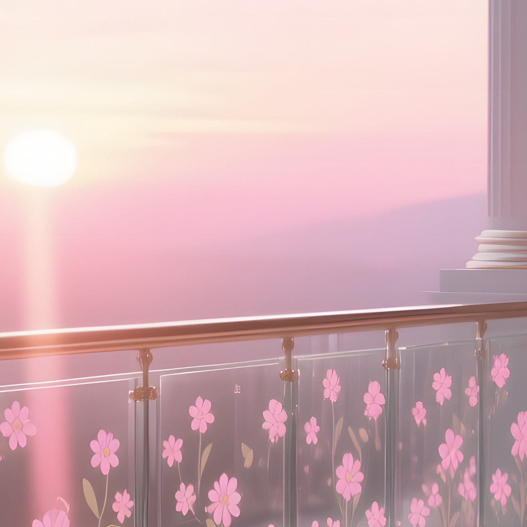 An Elegant Ballroom Balcony At Sunrise, Glass Railings Embedded With Tiny Flower Motifs That Catch - Full Resolution Quality Preview