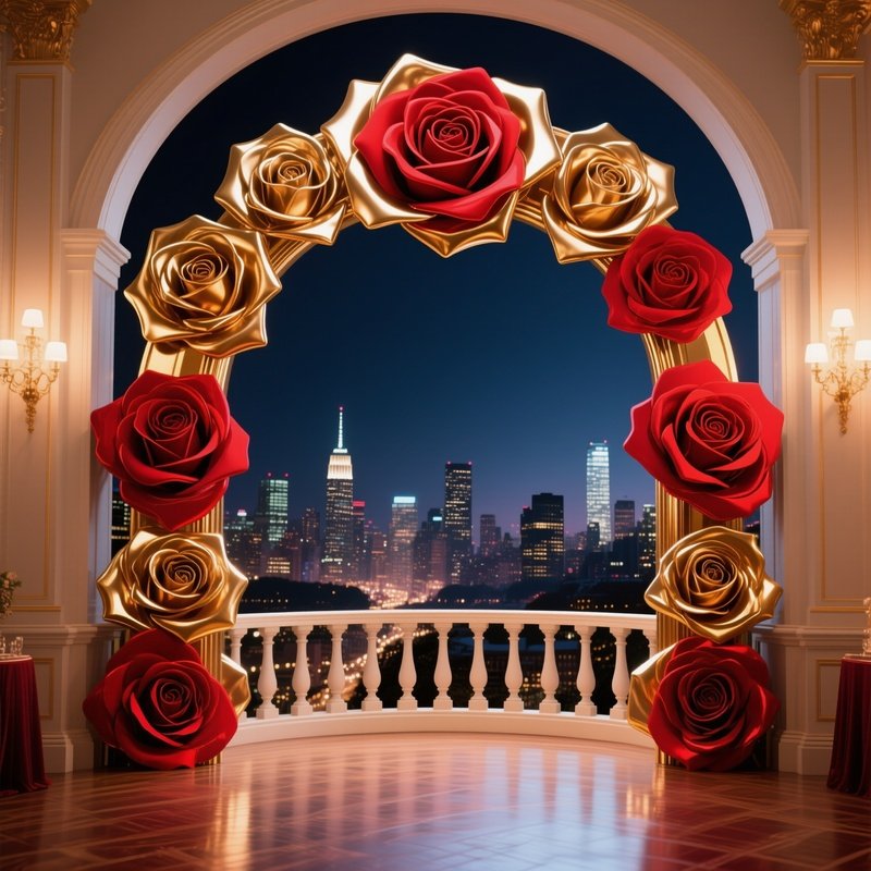 An Elegant Ballroom Balcony Overlooking A Cityscape At Night, Large Pop‑Art Rose Arches In Metallic