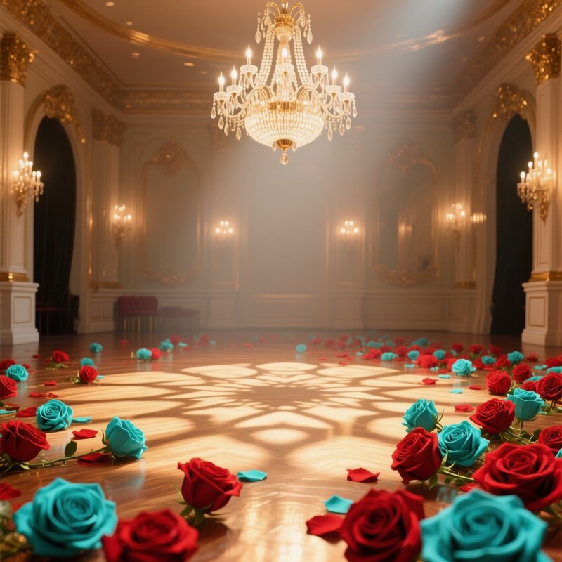 An Elegant Ballroom Chandelier Casting Patterned Shadows Over A Floor Strewn With Pop‑Art Roses In