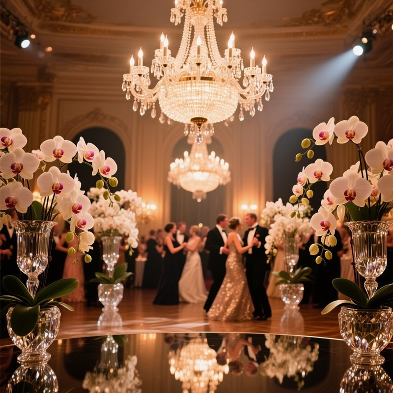 An Elegant Ballroom Chandelier Reflecting Off Crystal Vases Filled With Cascading Orchids, Guests