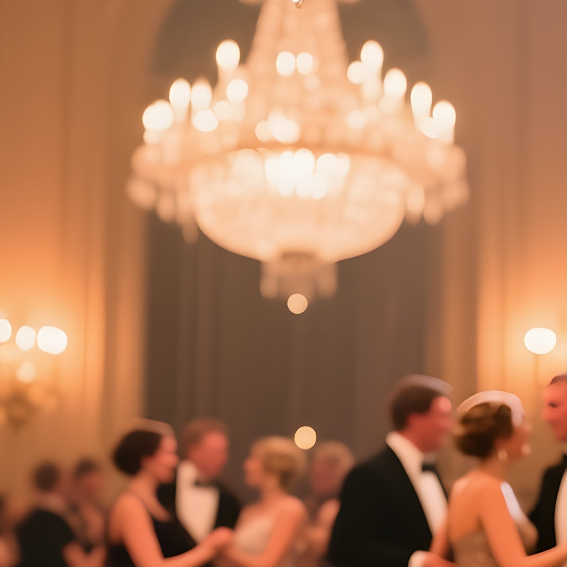 An Elegant Ballroom Chandelier Reflecting Off Crystal Vases Filled With Cascading Orchids, Guests - Full Resolution Quality Preview