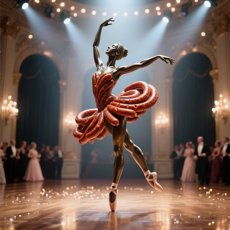 An Elegant Ballroom Dance Floor Under Glittering Lights, With A Massive Statue Of A Ballerina