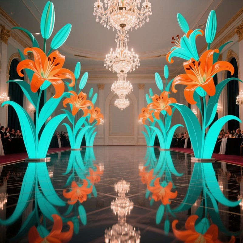 An Elegant Ballroom Floor Polished To Mirror Sheen Reflecting Towering Pop‑Art Lily Installations